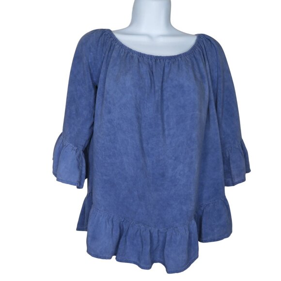 Vintage Toska Womens Blue Rayon Ruffle Hem Peasant Blouse Top Medium Made in USA - Picture 5 of 10